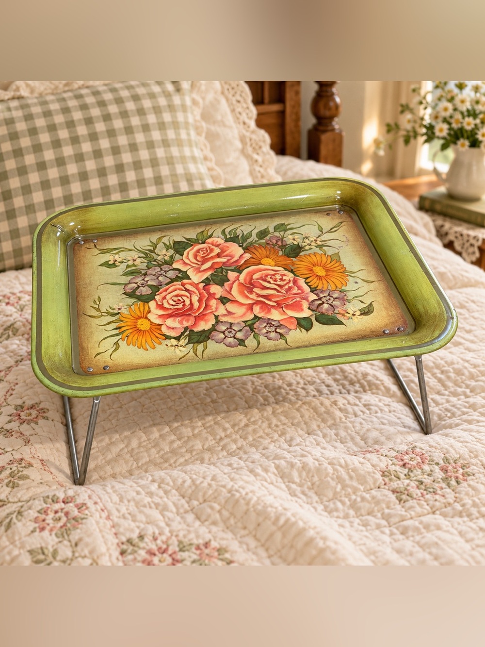 Vintage Green Floral Metal Folding Lap Tray Cottagecore Farmhouse Breakfast Bed
